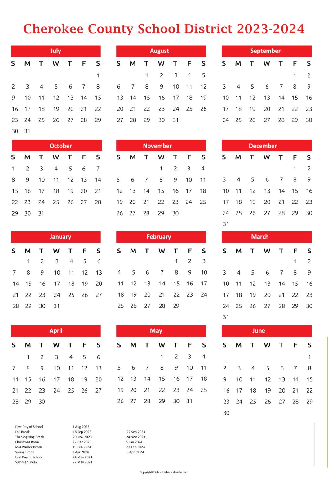 Cherokee County School District Calendar Holidays 20232024