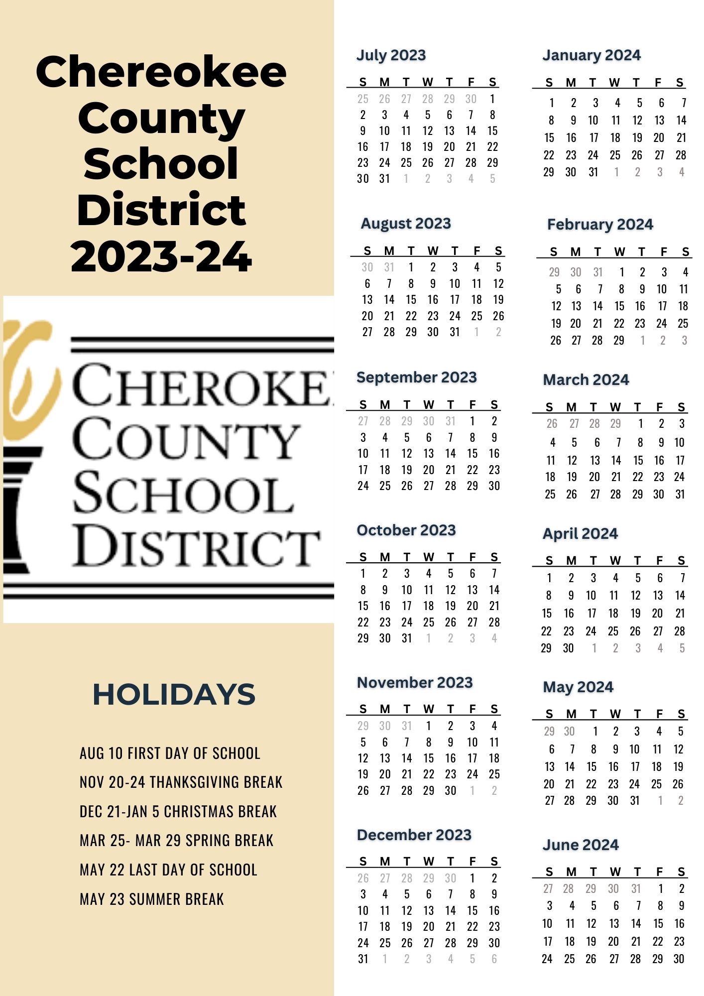 Cherokee County School District Calendar Holidays 20232024