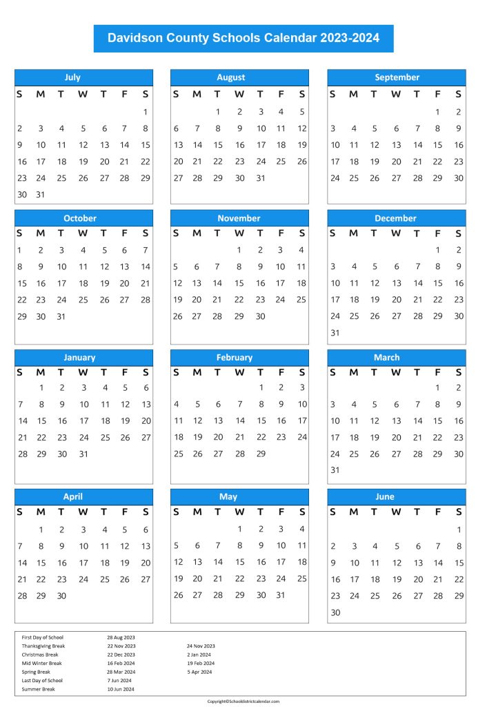 Davidson County Schools District Calendar Holidays 20232024