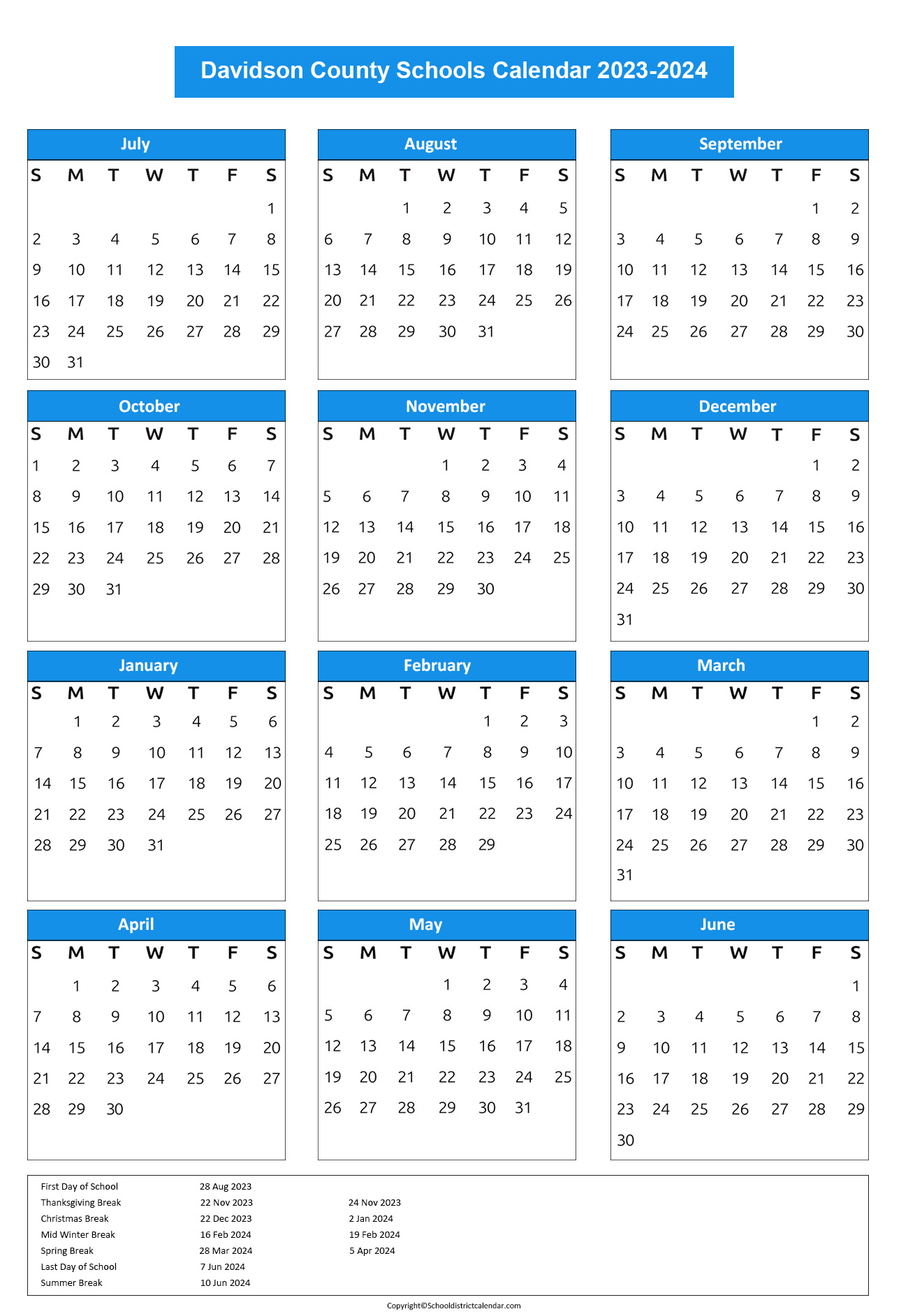 Davidson County Schools District Calendar Holidays 20232024