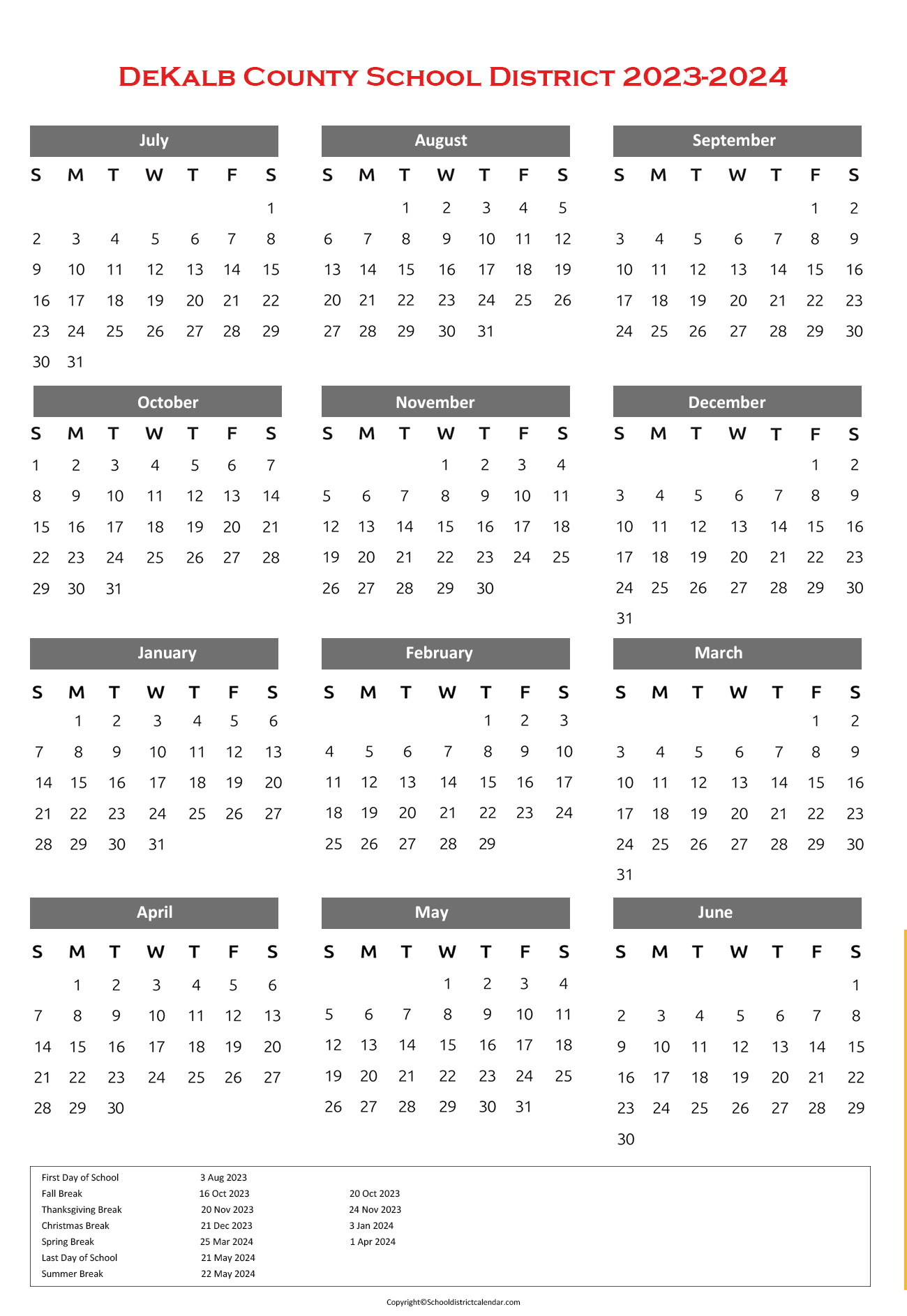 DeKalb County School District Calendar Holidays 20232024