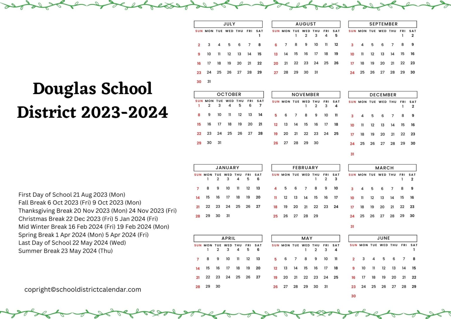 Douglas School District Calendar Holidays 20232024