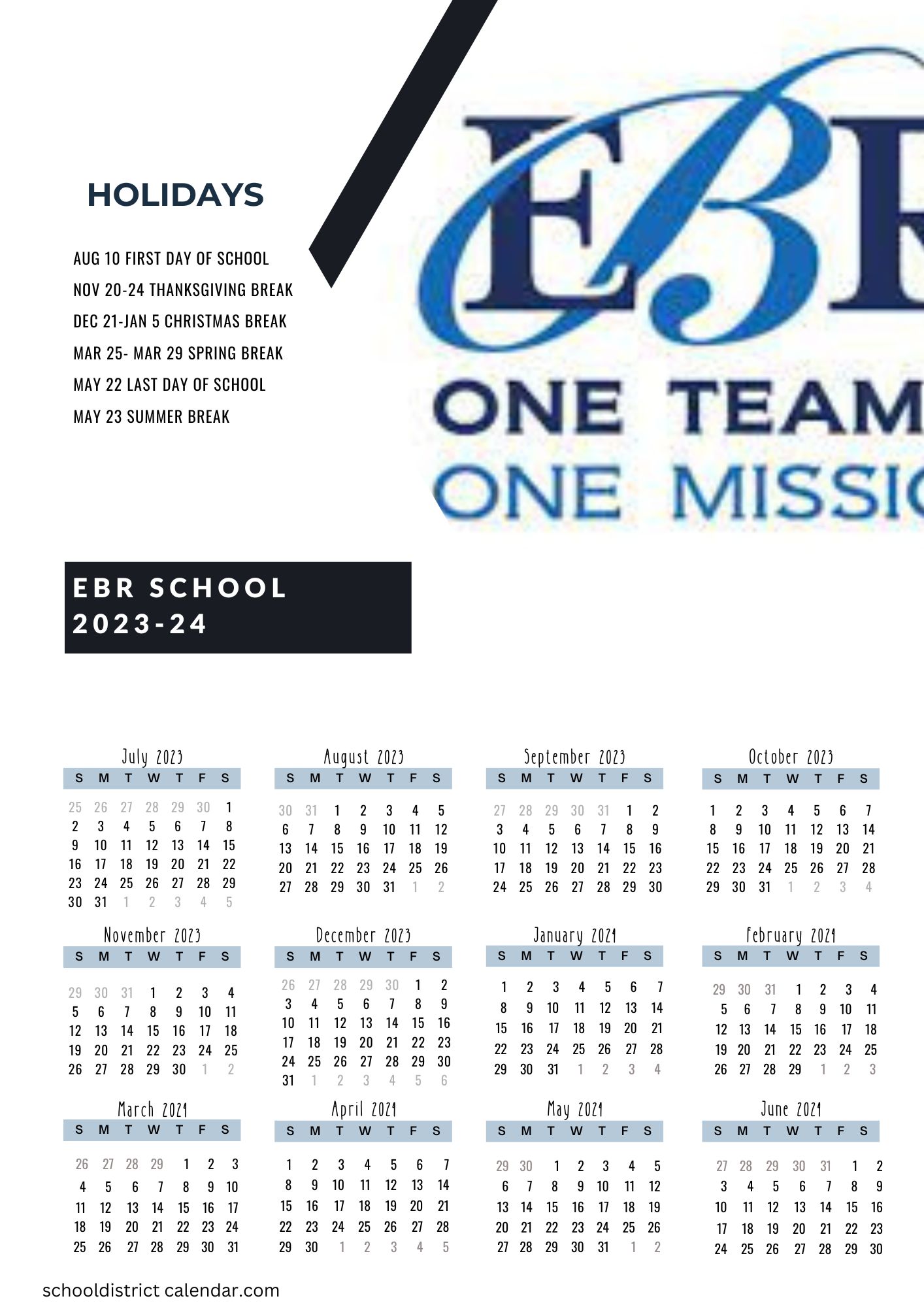 EBR Schools Calendar Holidays 2023 2024 East Baton Rouge