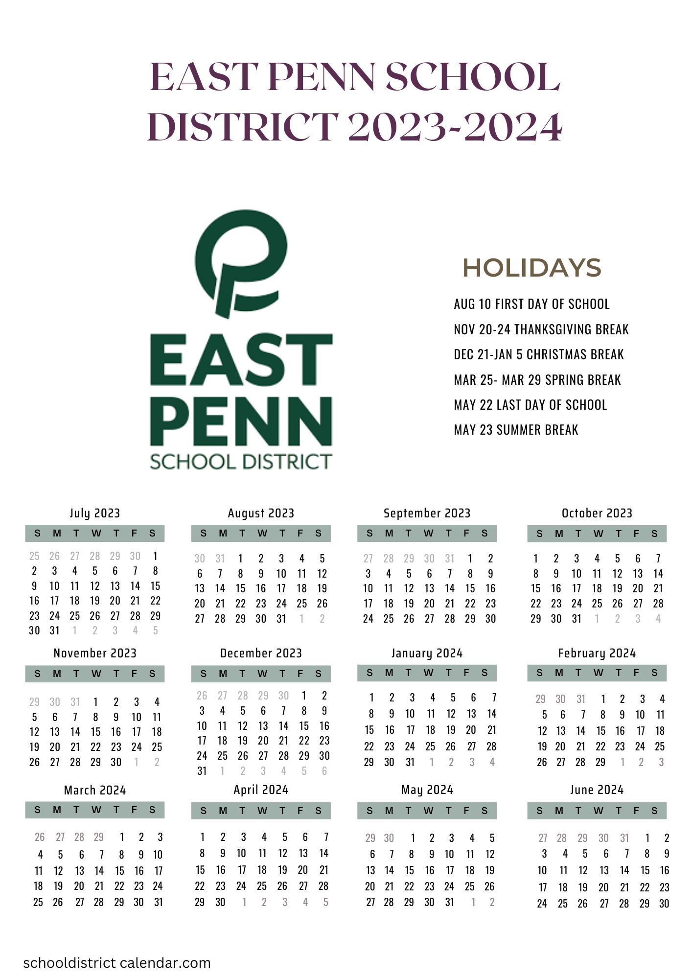 East Penn School District Calendar Holidays 20232024