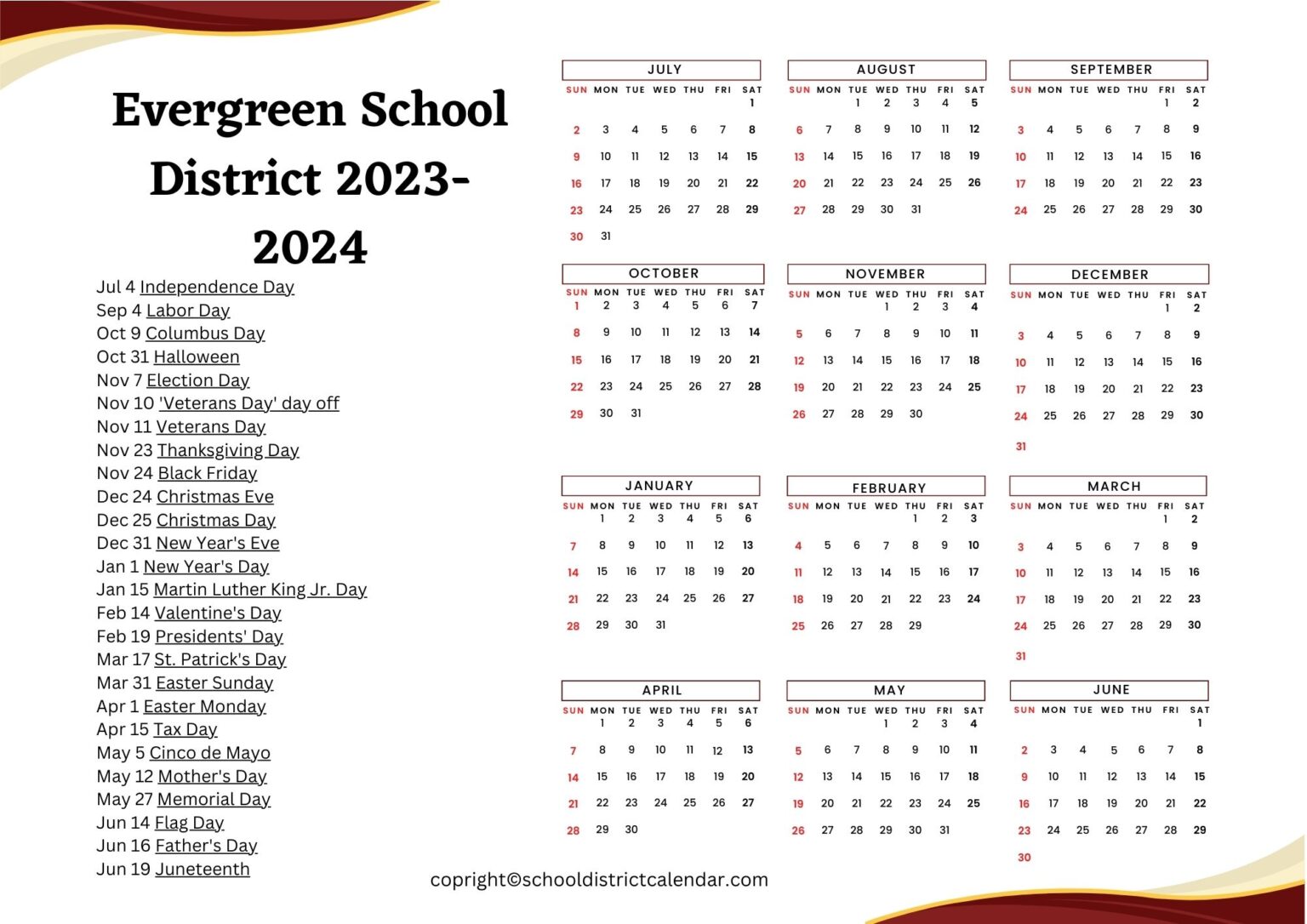 Evergreen School District Calendar Holidays 20232024