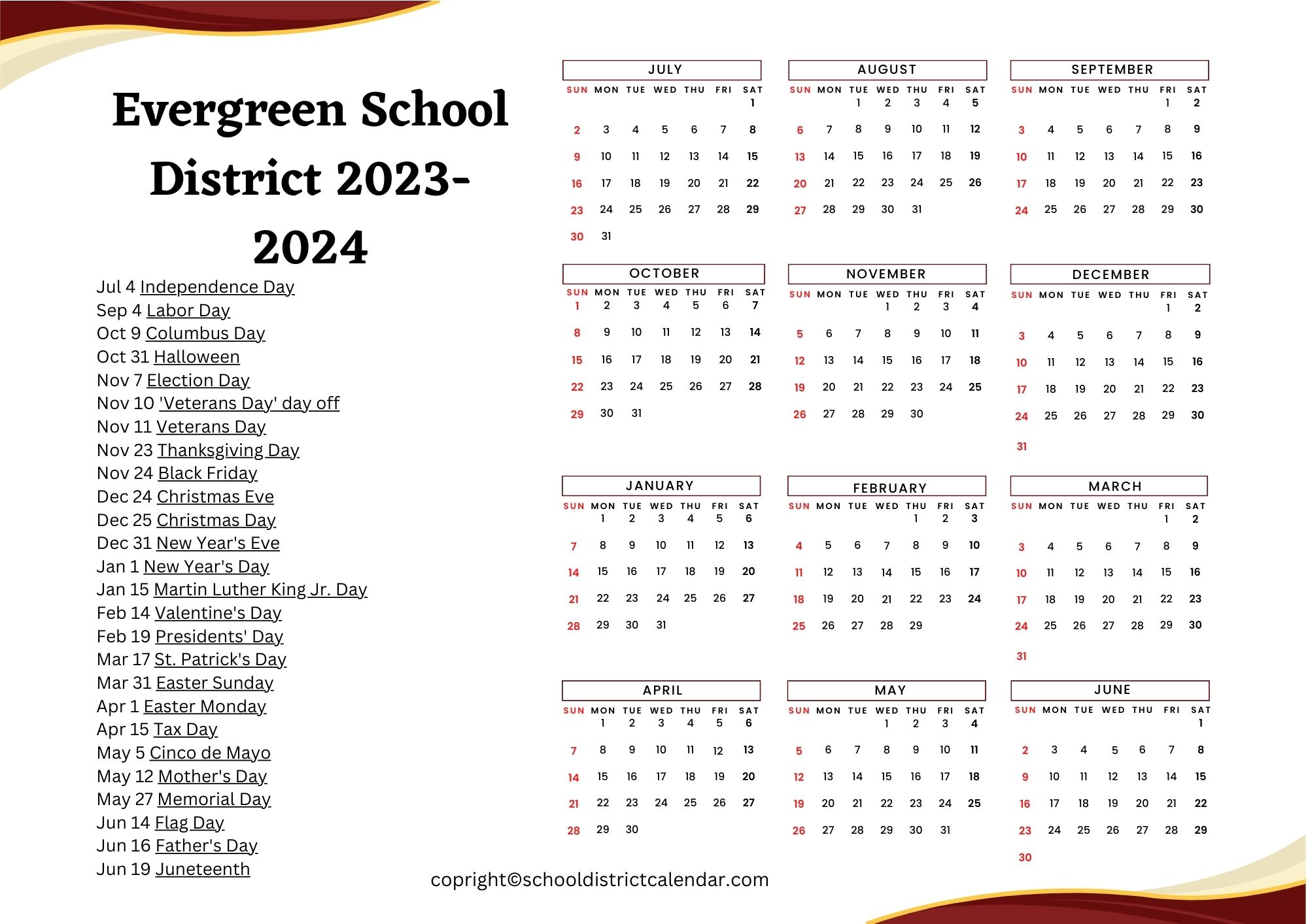 Evergreen School District Calendar Holidays 2023-2024