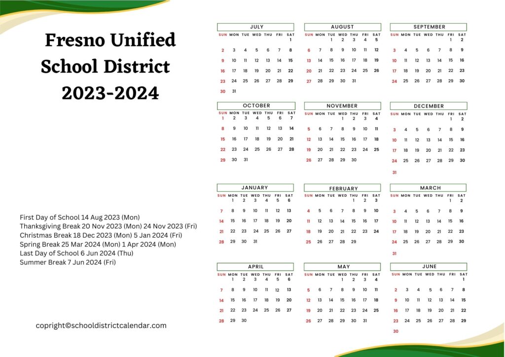 Fresno Unified County school district calendar