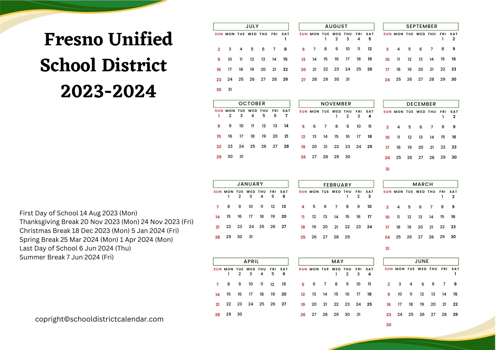Fresno Unified School District Calendar Holidays 20232024