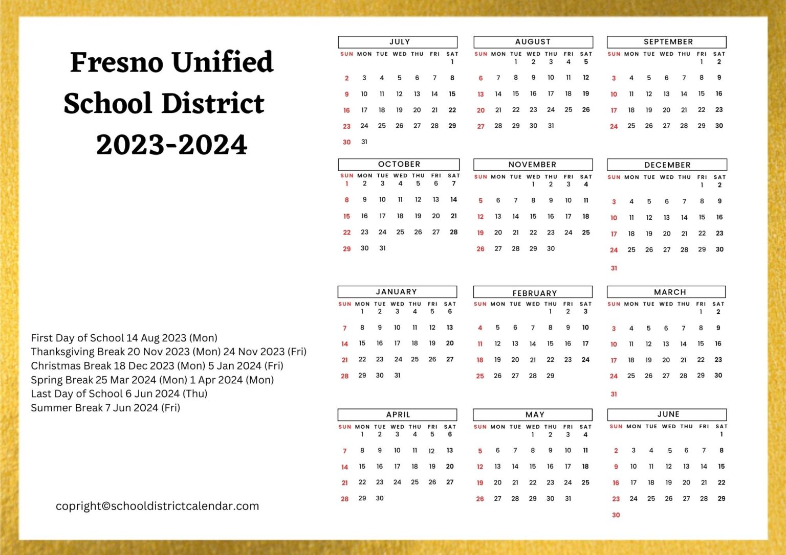 Fresno Unified School District Calendar Holidays 20232024