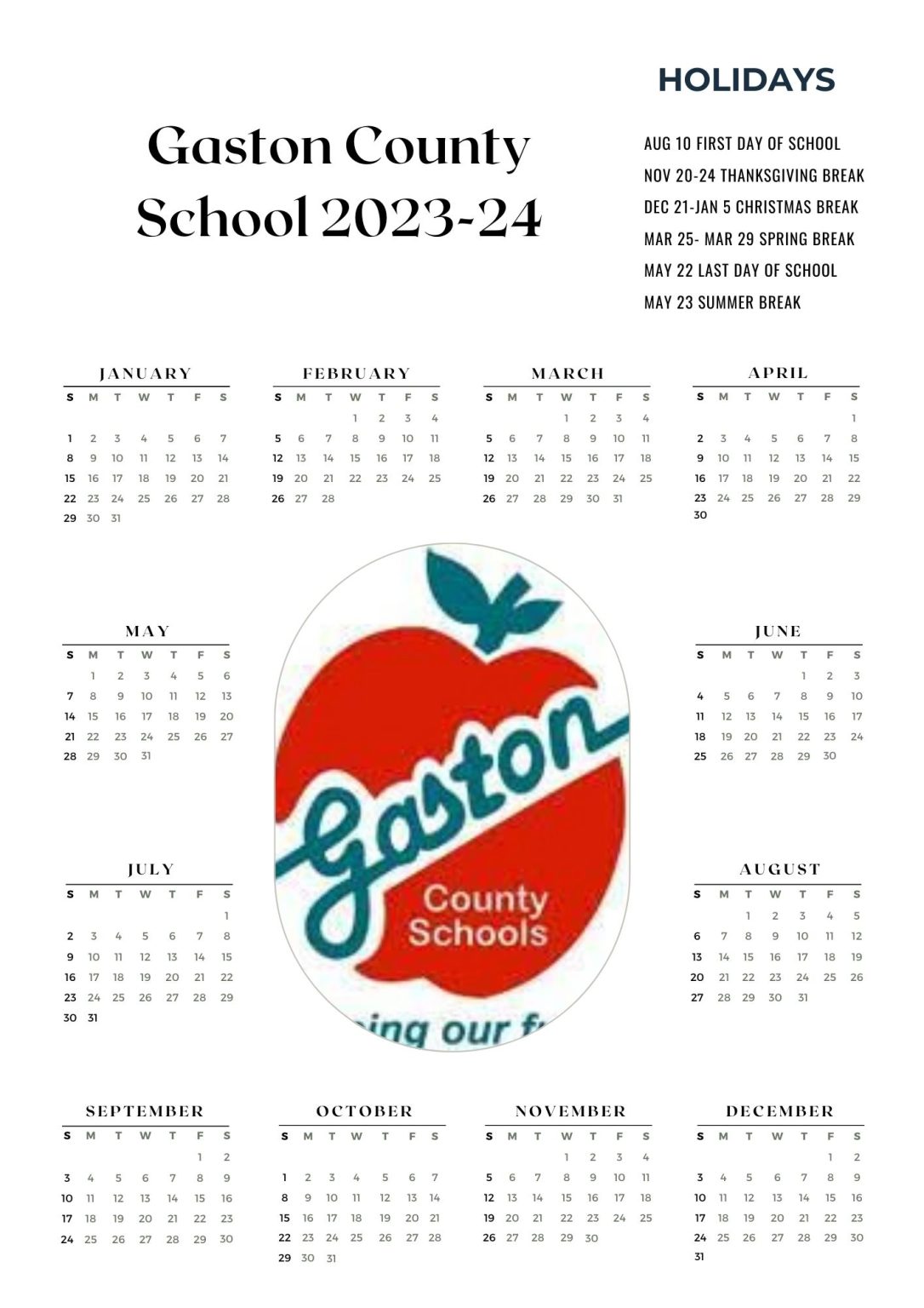 Gaston County Schools District Calendar Holidays 20232024