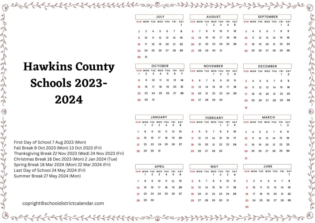 Hawkins County School District Calendar