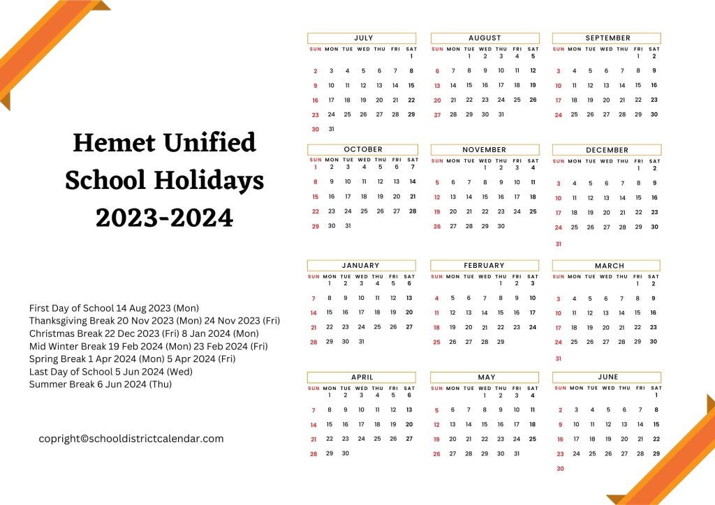 Hemet Unified County School District Calendar
