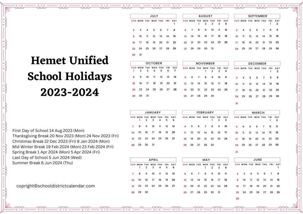Hemet Unified School District Calendar