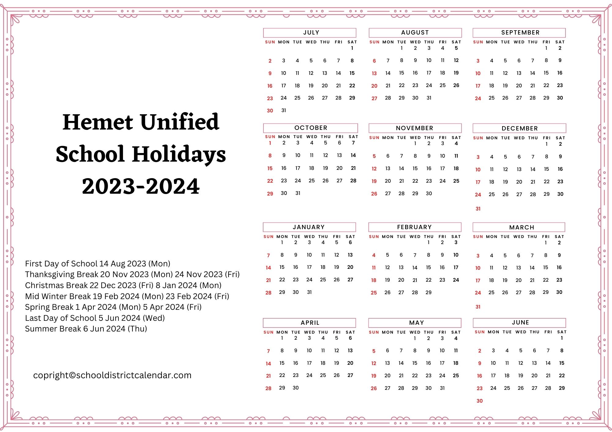 Hemet Unified School District Calendar Holidays 20232024