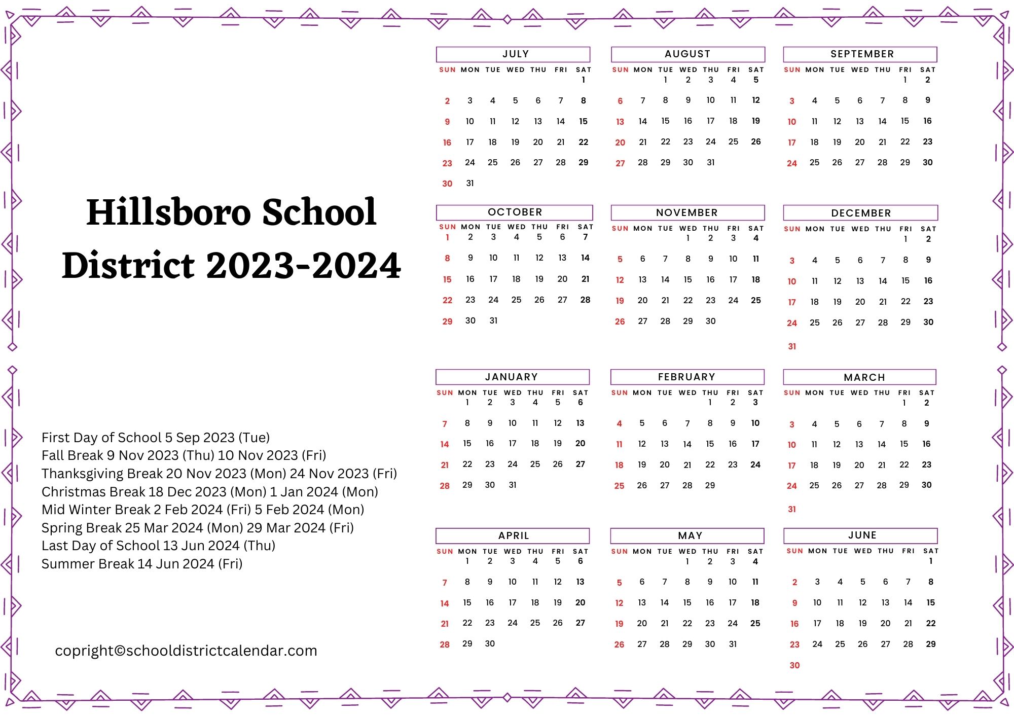 Hillsboro School District Calendar Holidays 20232024