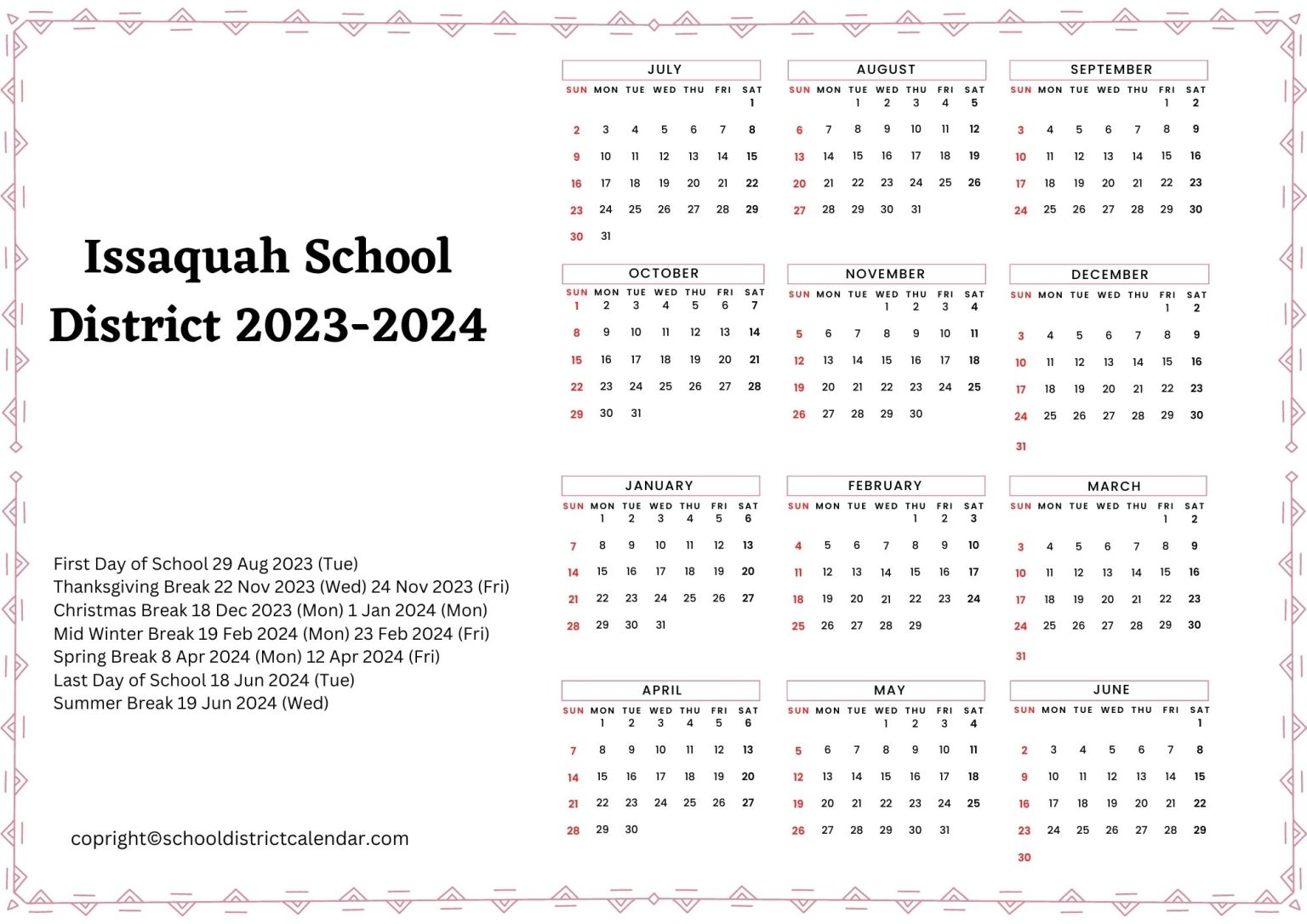 Issaquah School District Calendar Holidays 20232024