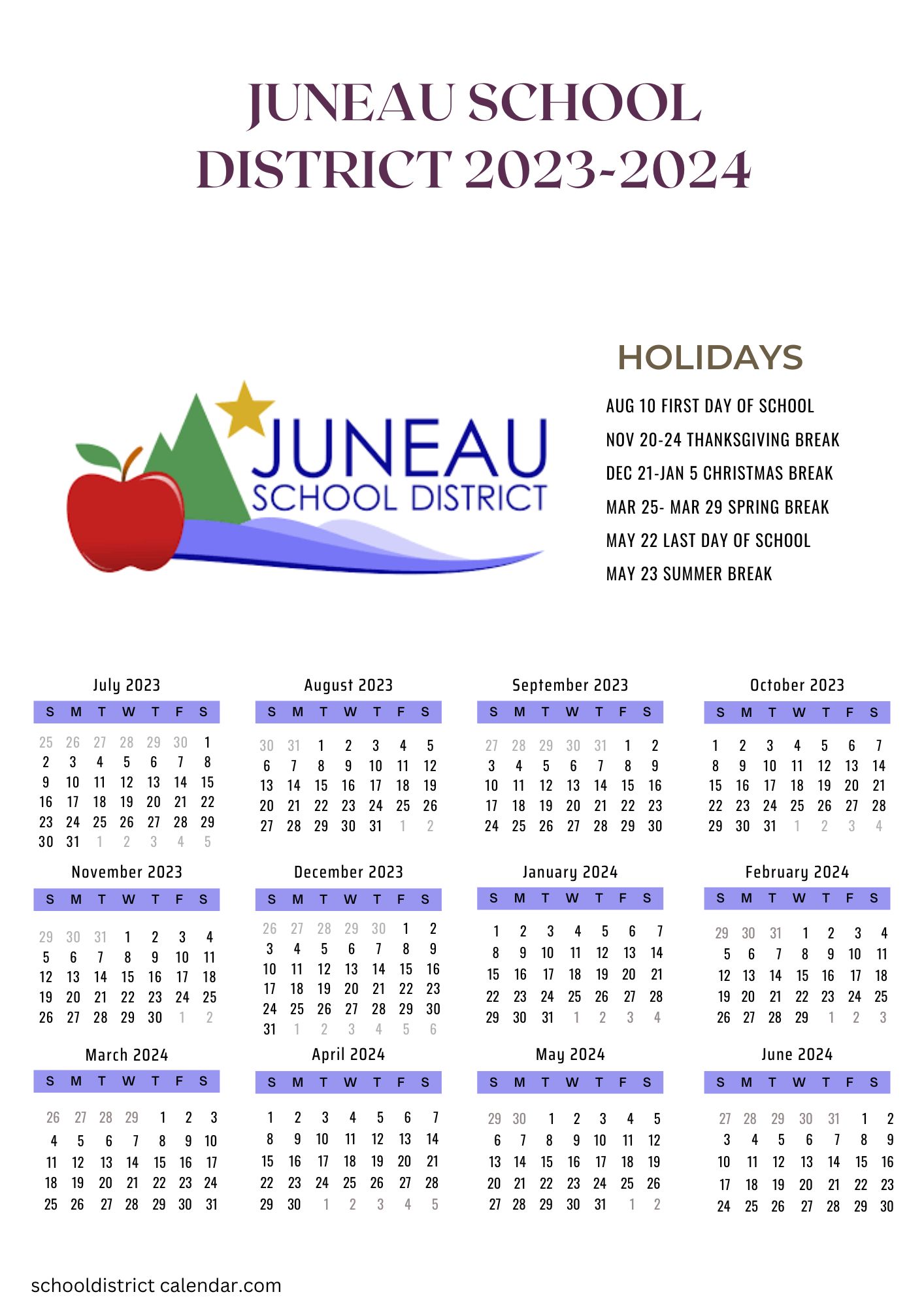 Juneau School District Calendar Holidays 20232024