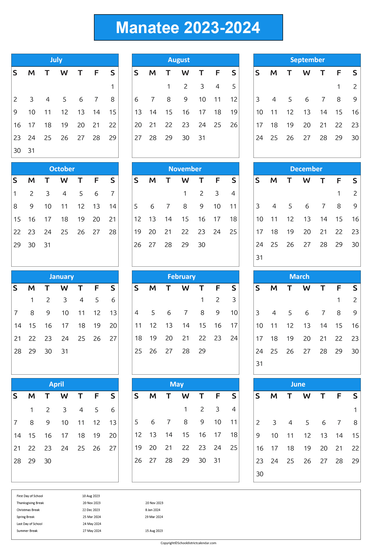 Manatee County School District Calendar Holidays 20232024