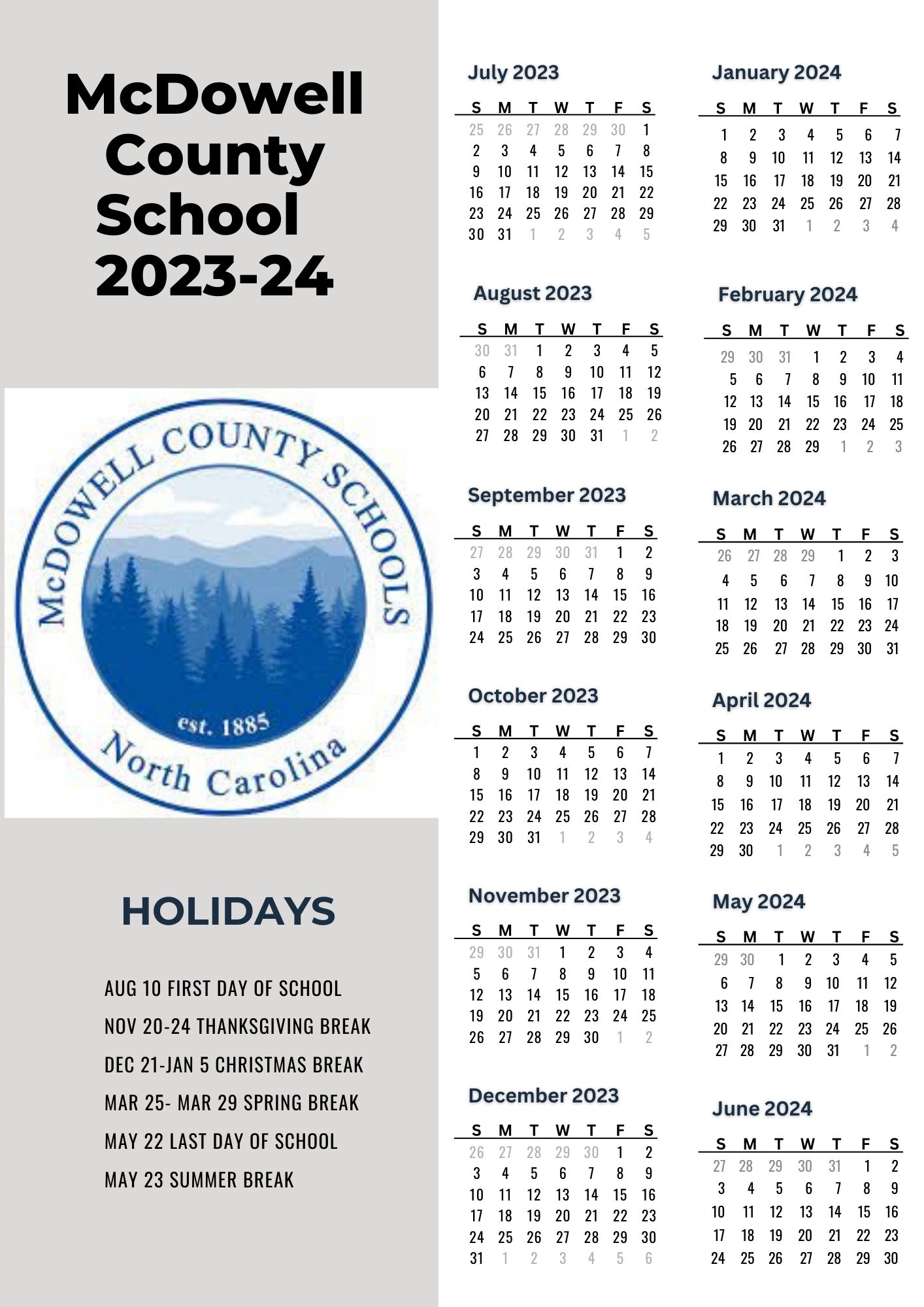 McDowell County Schools Calendar Holidays 20232024