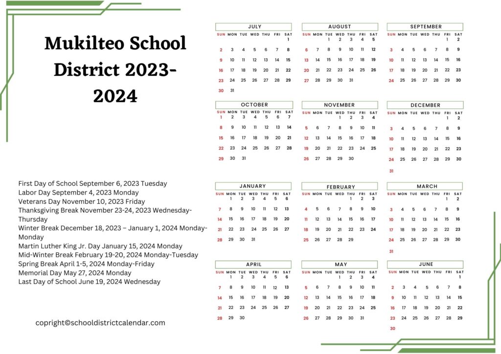 Mukilteo County school district calendar