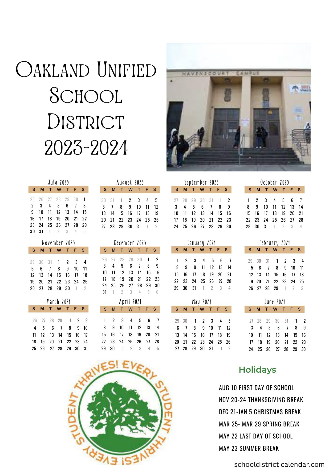 Oakland Unified School District Calendar Holidays 20212022