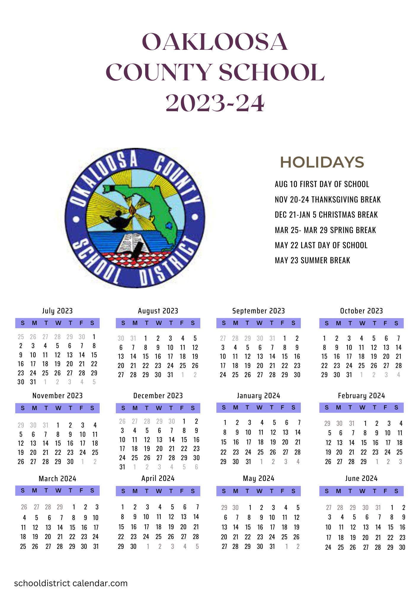 Okaloosa County Schools Calendar Holidays 2023 2024