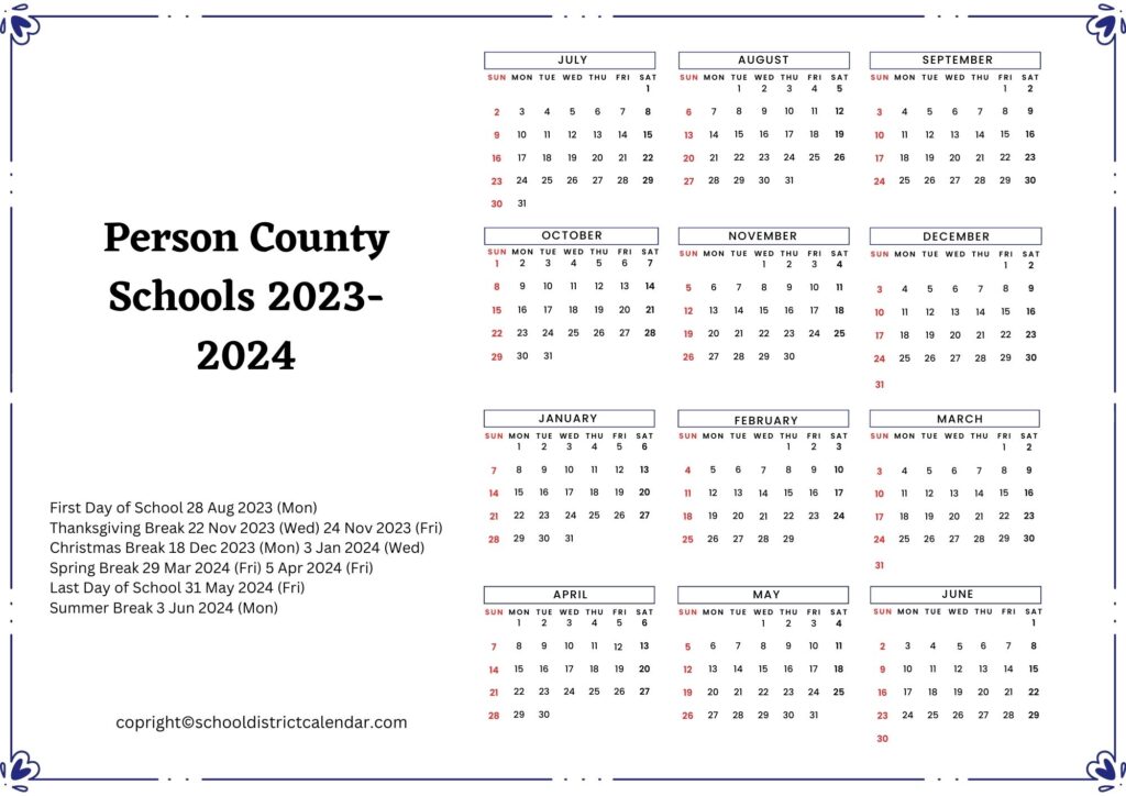 Person County School District Holiday Calendar