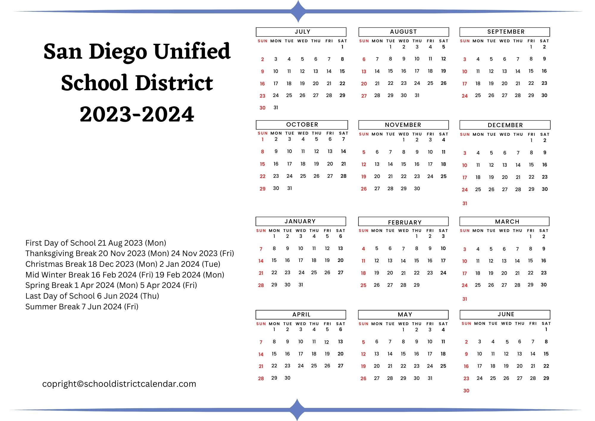 San Diego Unified School District Calendar Holidays 20232024