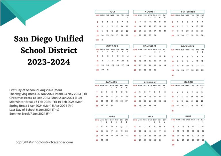 San Diego Unified School District Calendar Holidays 20232024