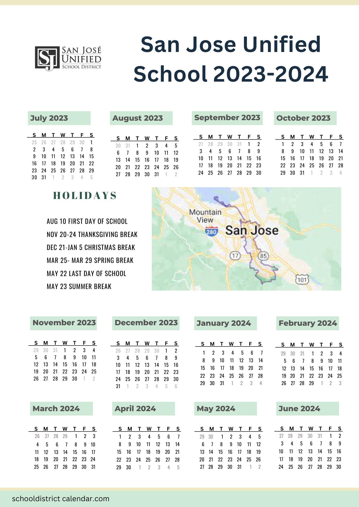 San Jose Unified School District Calendar Holidays 2023 2024