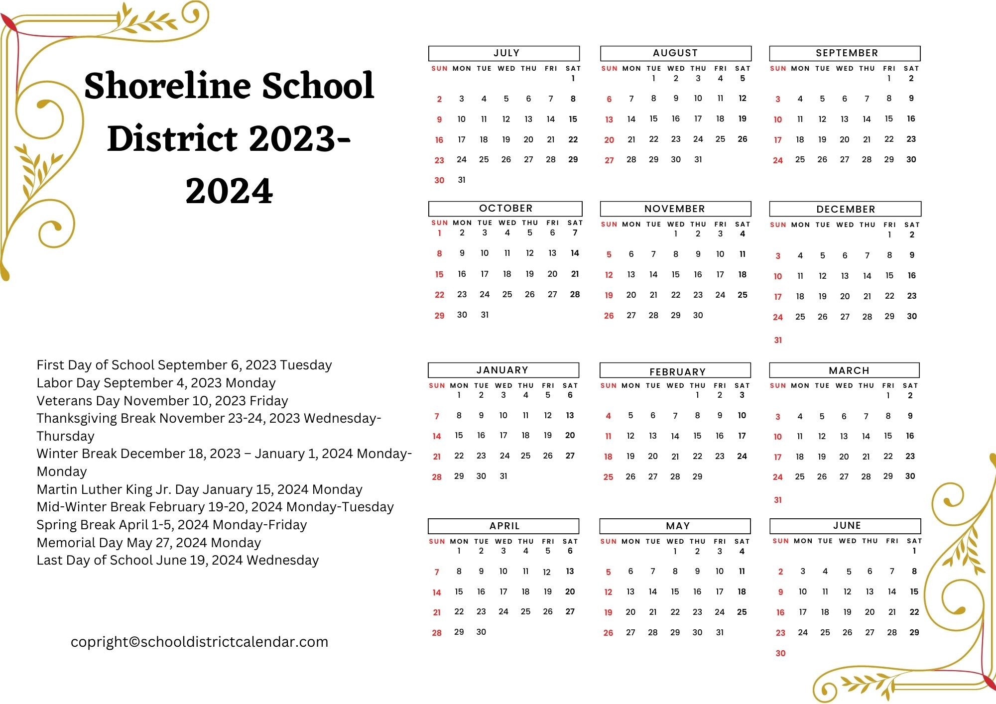 Shoreline School District Calendar Holidays 20232024