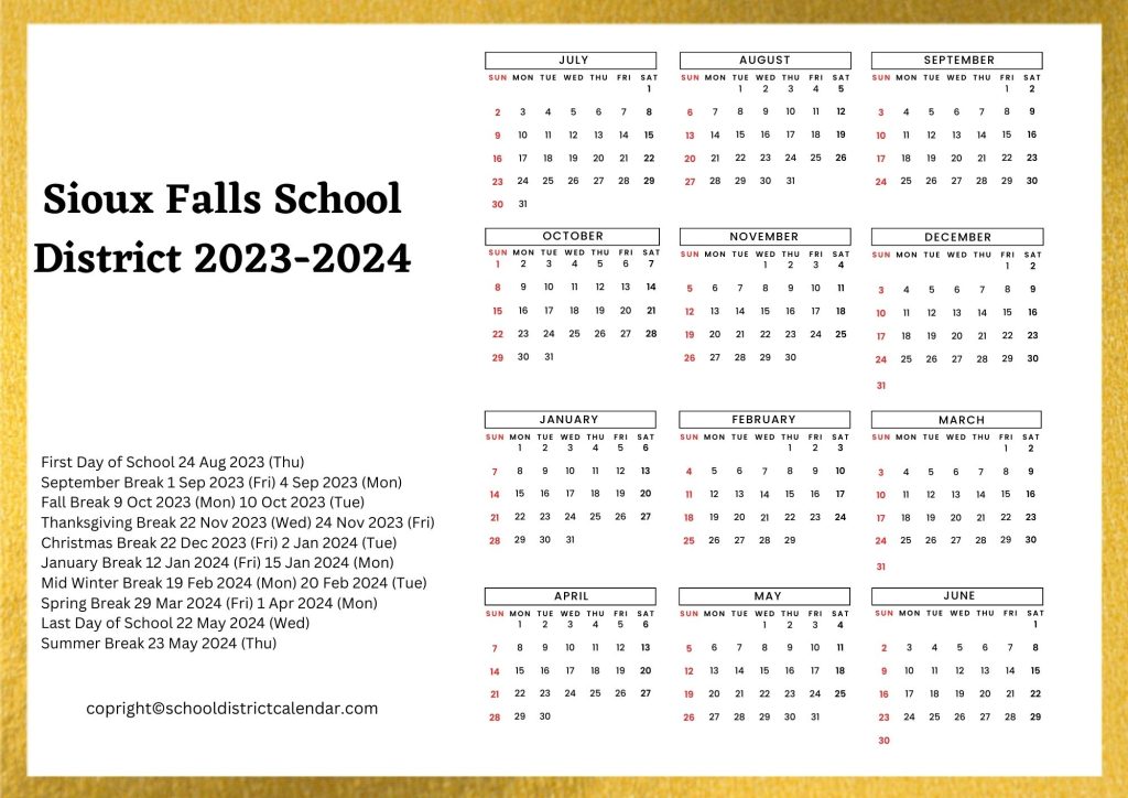 Sioux Falls County School District Holiday Calendar