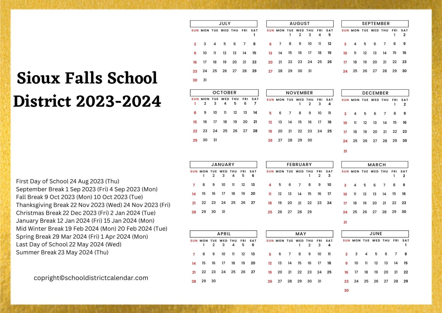 Sioux Falls School District Calendar Holidays 20232024