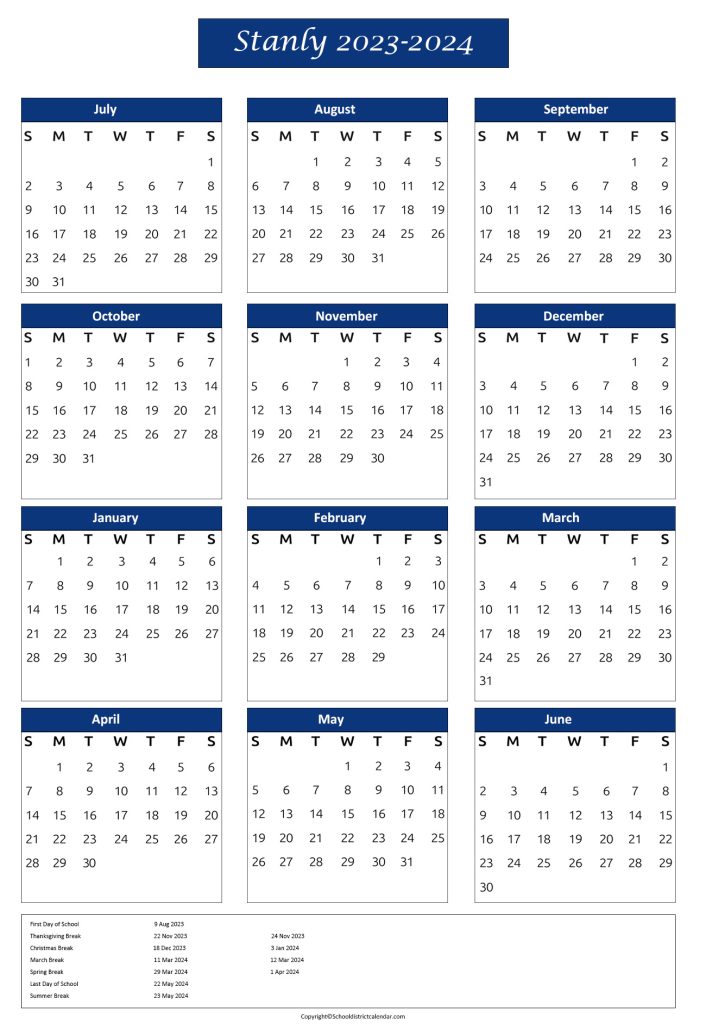Stanly County School Calendar