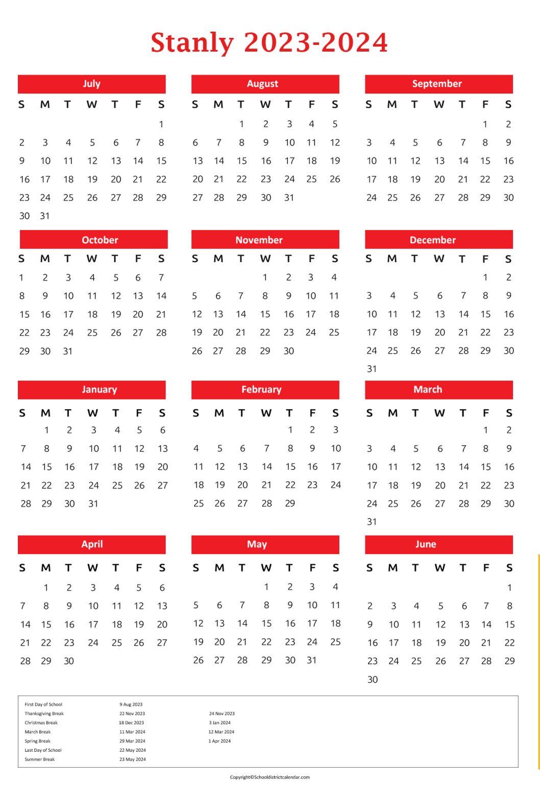 Stanly County Schools Calendar Holidays 20232024