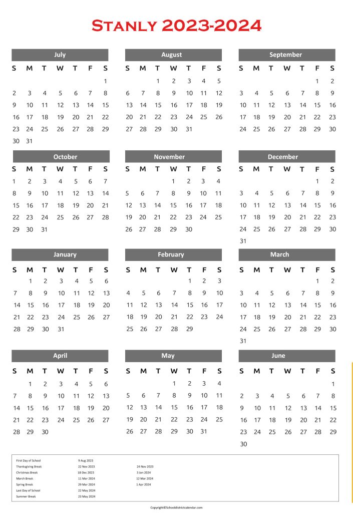 Stanly School District Holiday Calendar with Breaks