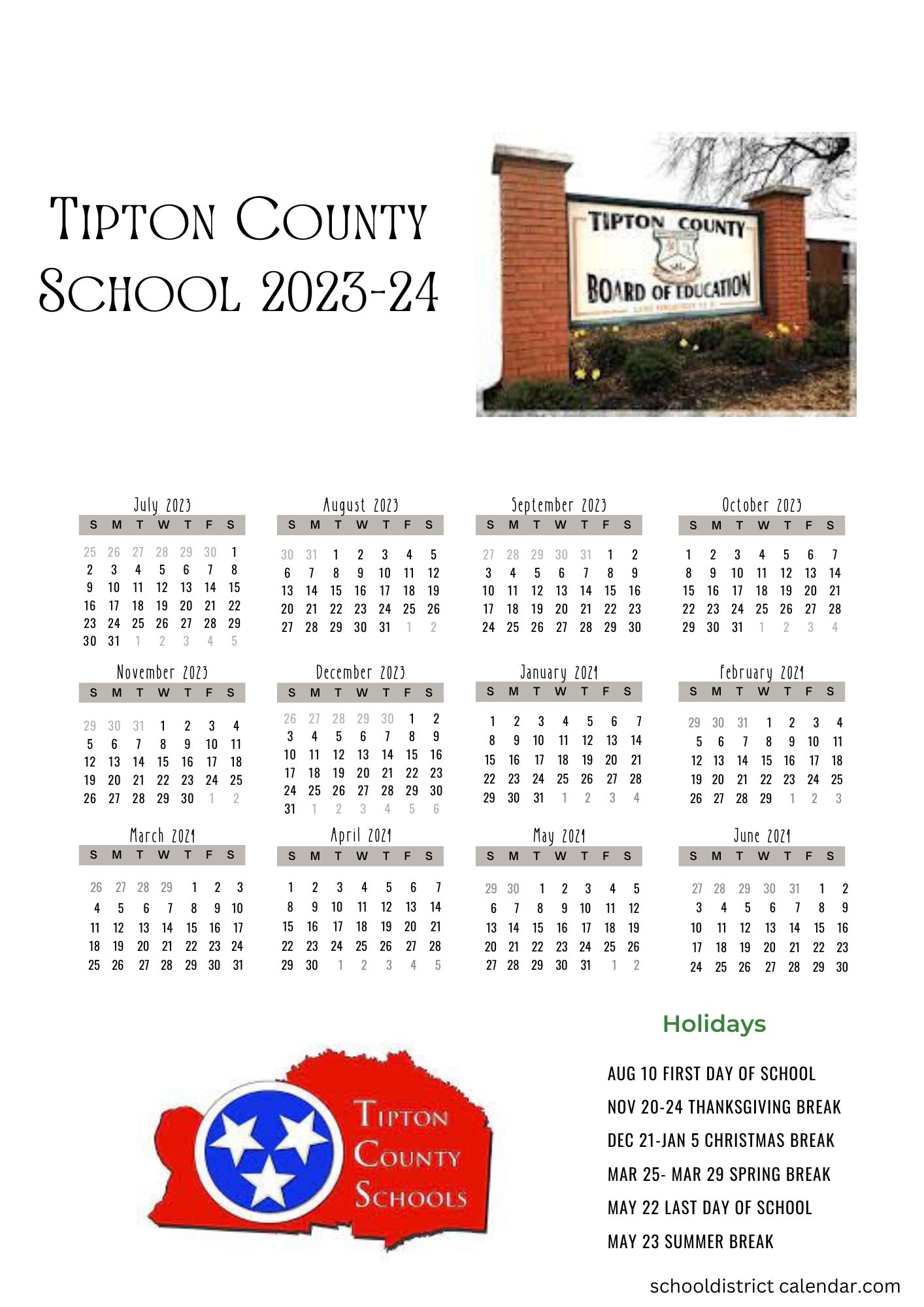 Tipton County Schools Calendar with Holidays 20232024