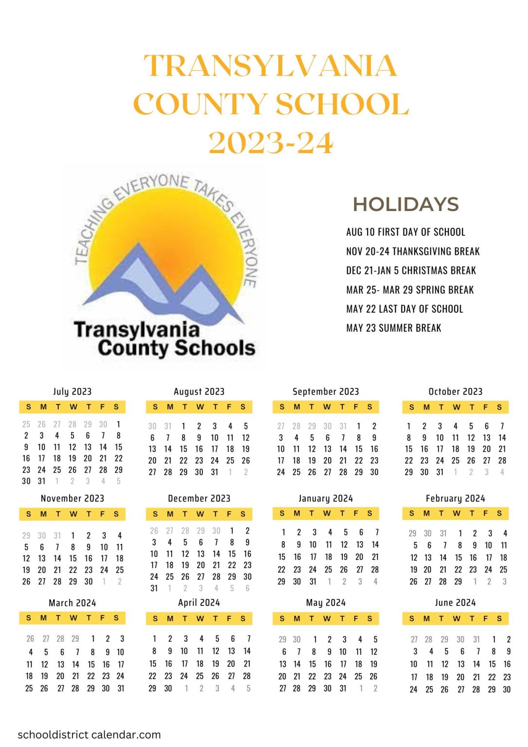 Transylvania County Schools Calendar Holidays 20232024