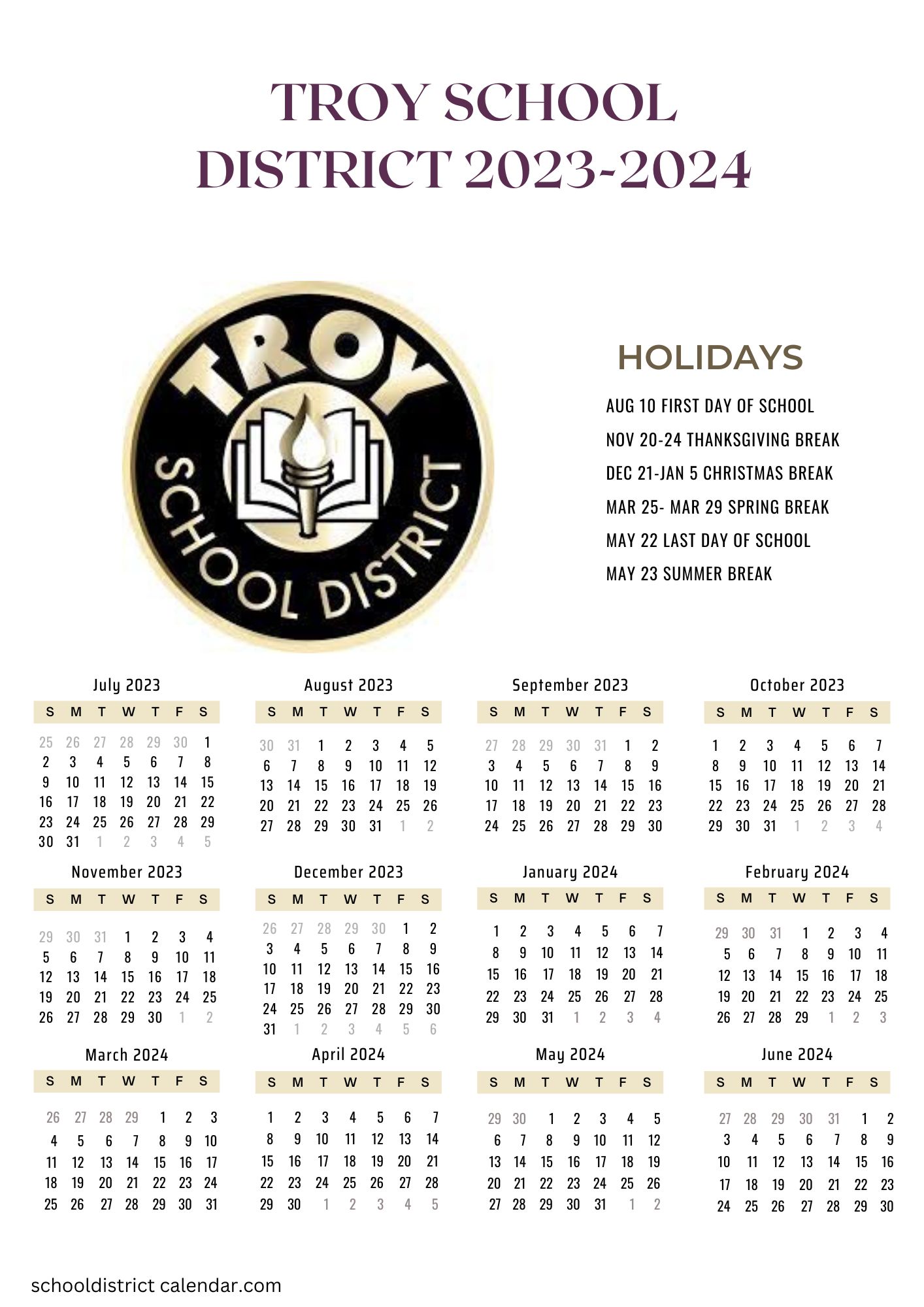 Troy School District Calendar Holidays 20232024