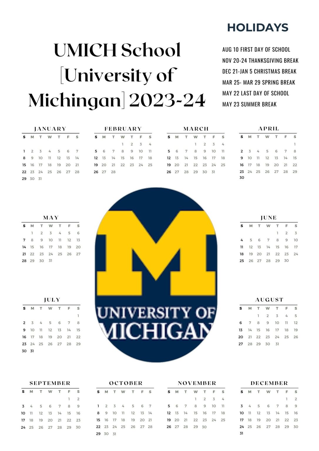 UMICH School Calendar Holidays 202324 [University Of Michigan]
