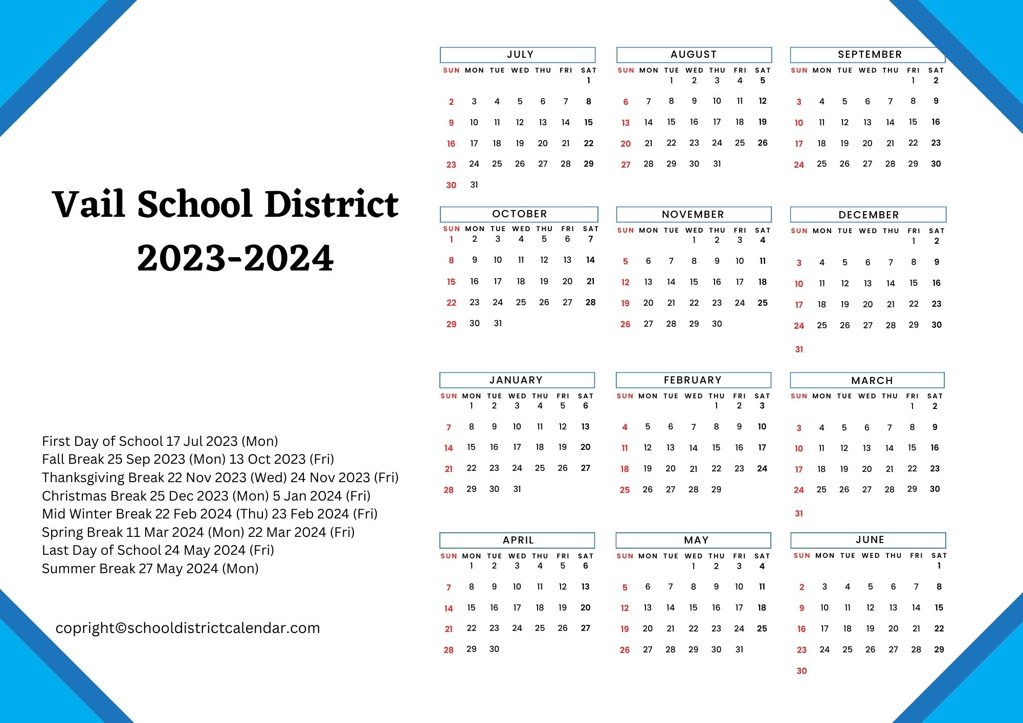 Vail School District Calendar Holidays 2023-2024