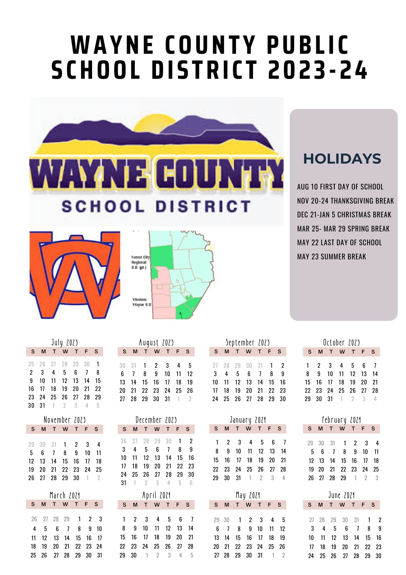 Wayne County Public Schools District Calendar Holidays 202324