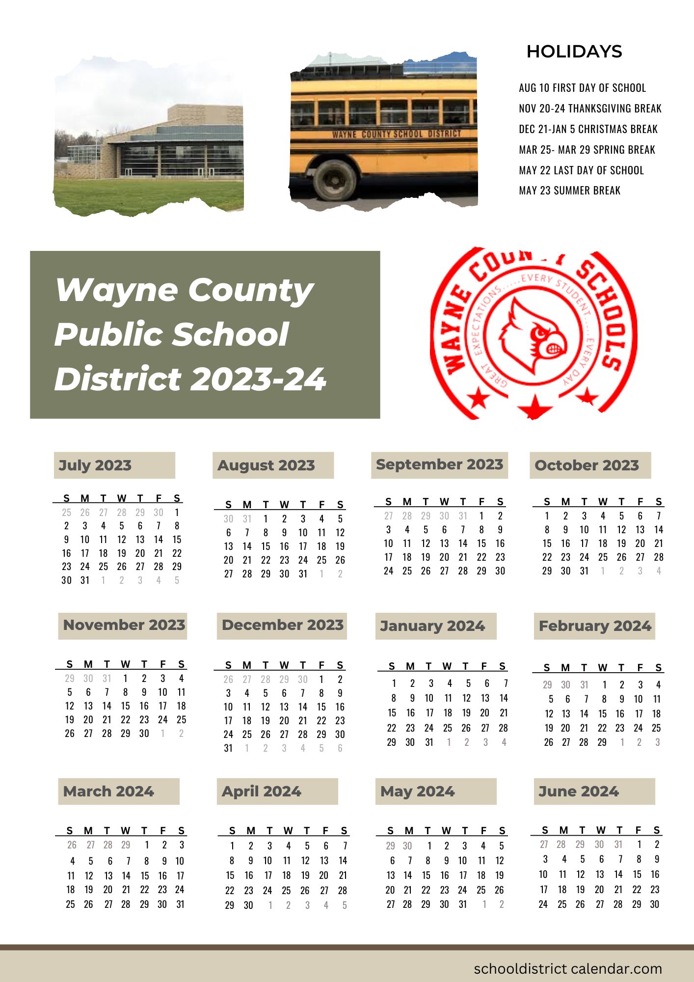 Wayne County Public Schools District Calendar Holidays 202324