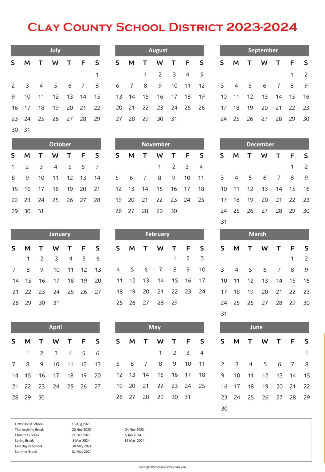 Clay County School District Calendar Holidays 20232024