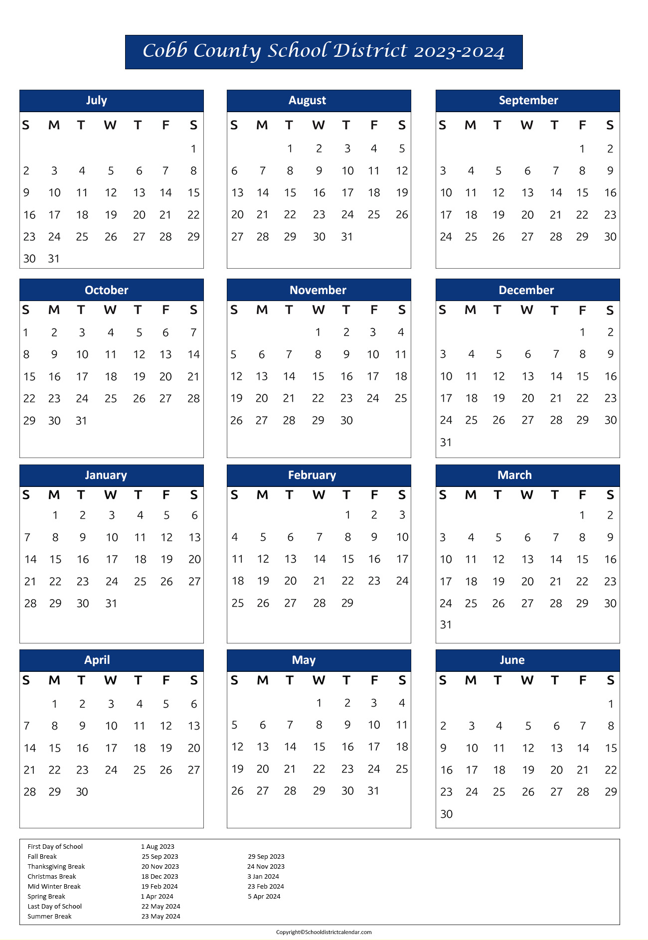 Cobb County School District Calendar Holidays 2023 2024
