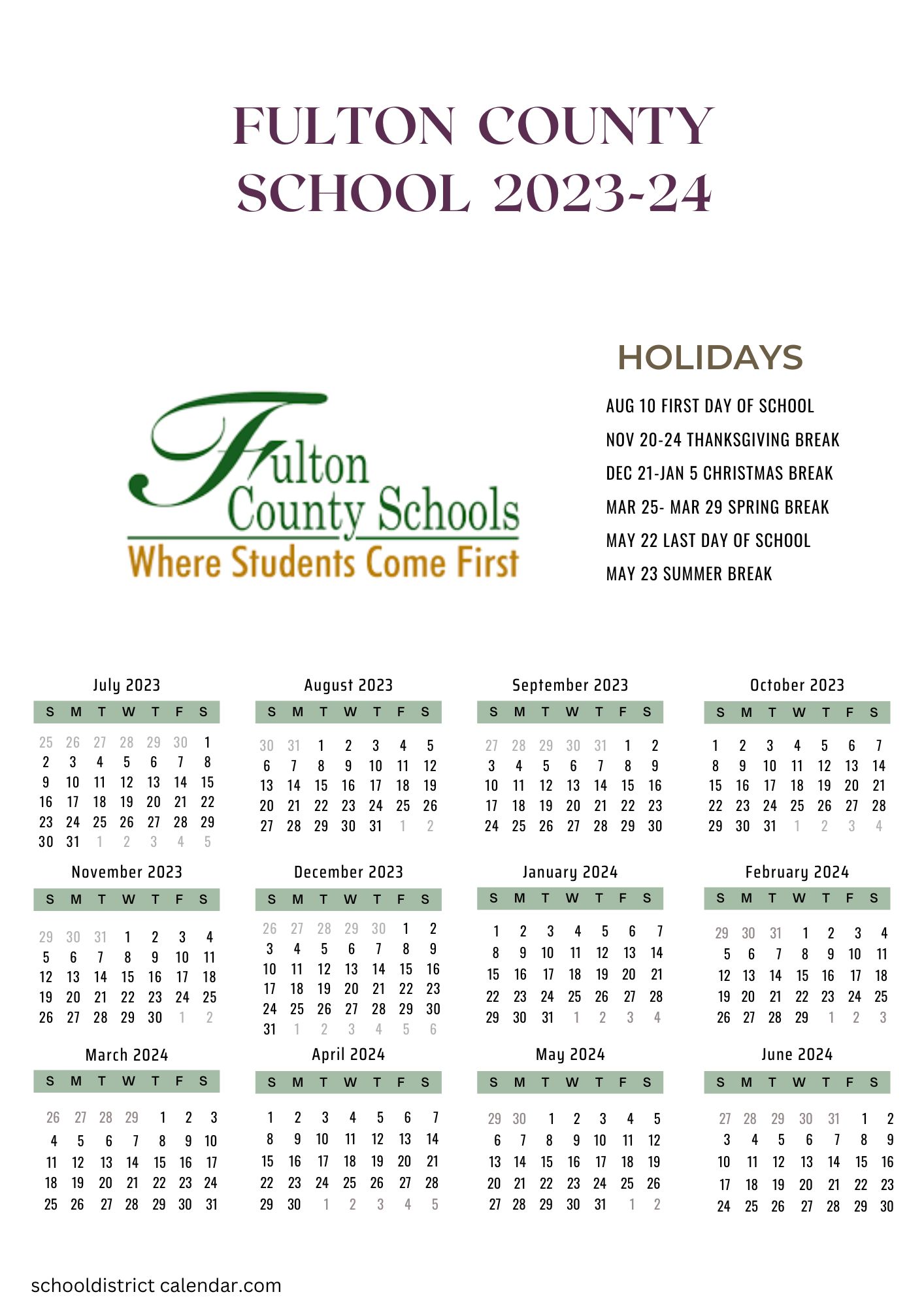 Fulton County Schools Calendar Holidays 2023-2024