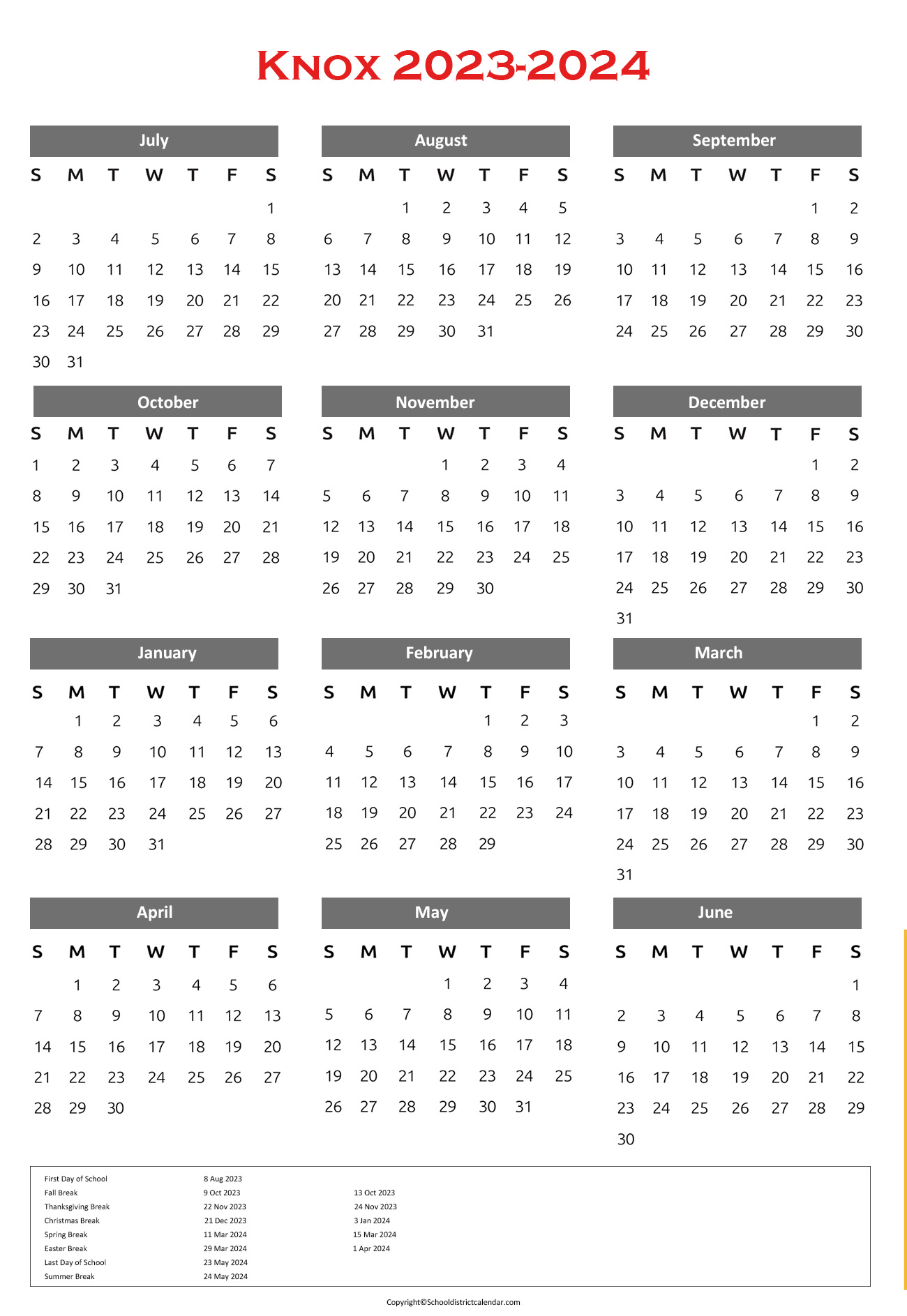 Knox County Schools Calendar Holidays 2023-2024