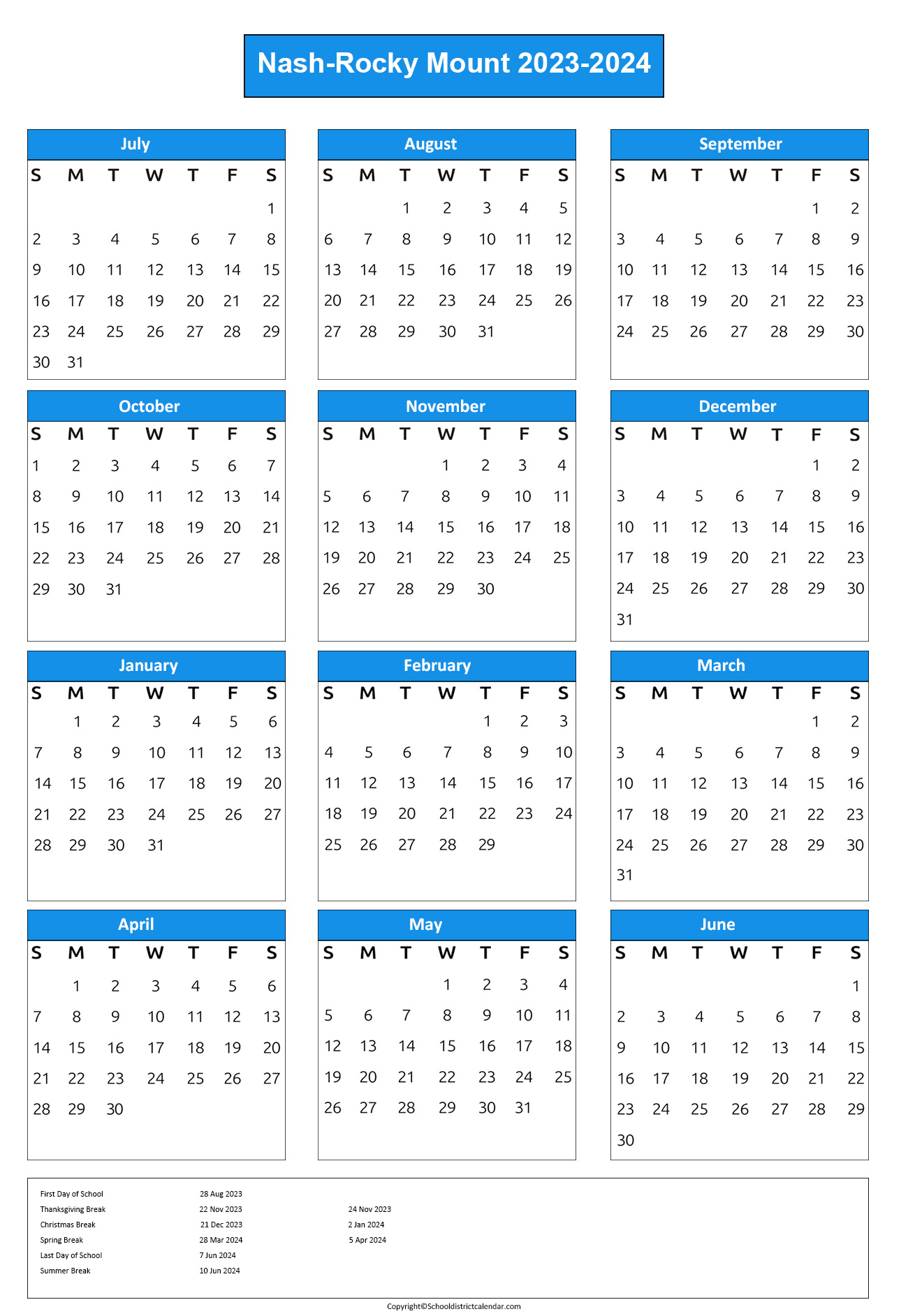 Nash-Rocky Mount Schools Calendar Holidays 2023-2024