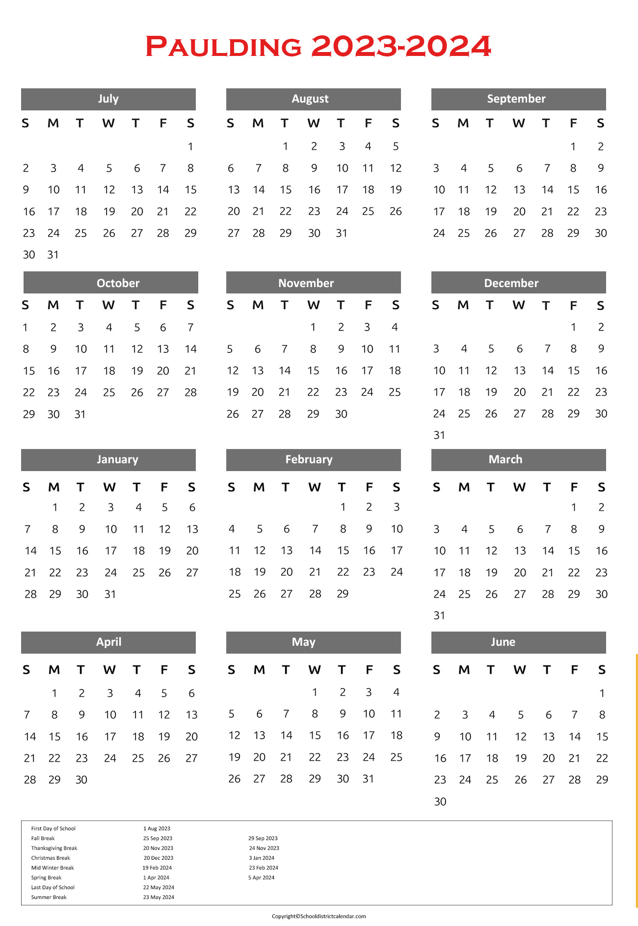 Paulding County School District Calendar Holidays 20232024