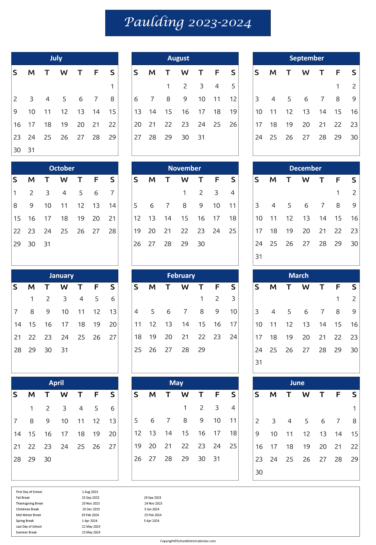 Paulding County School District Calendar Holidays 20232024